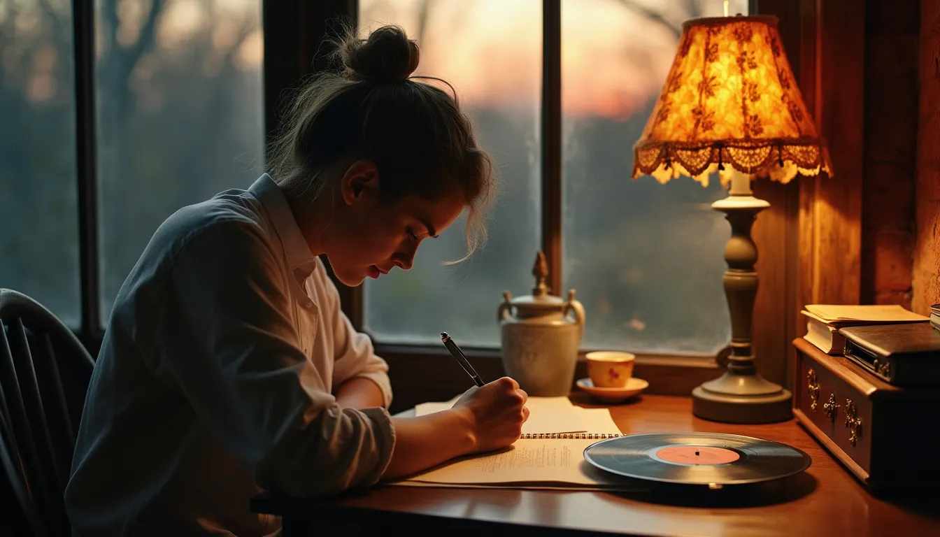 Person writing a letter for ESL creative writing activity based on song analysis"