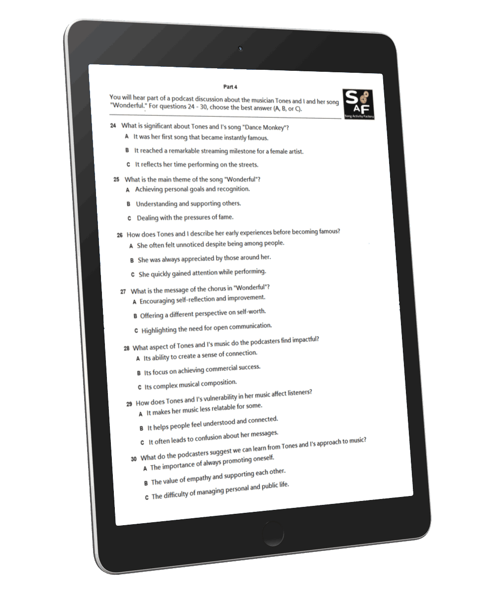 Cambridge B2 Listening Part 4 worksheet based on Tones and I's Wonderful