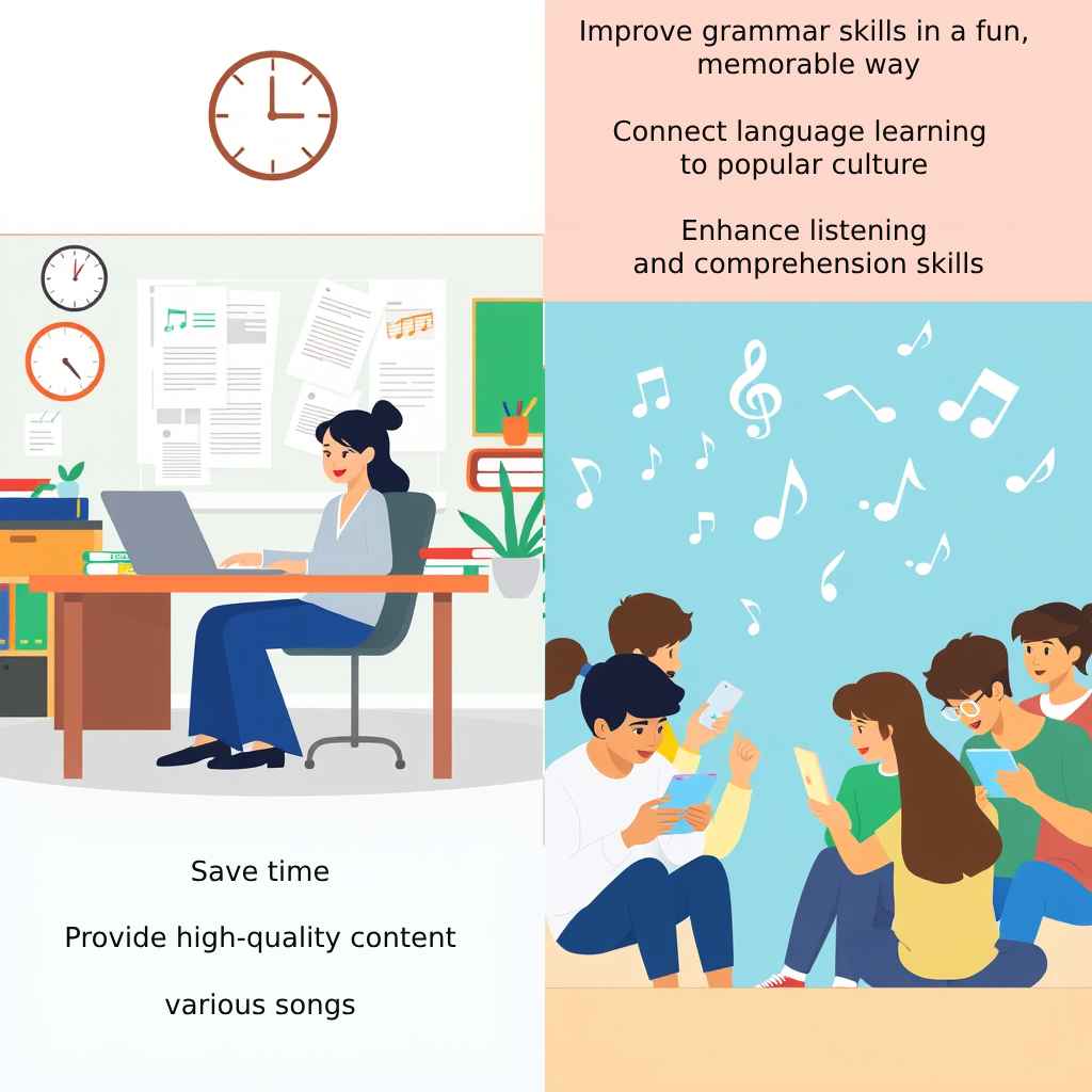 Split-screen image showing benefits of Lyrical Grammar Quizzes for ESL teachers and students