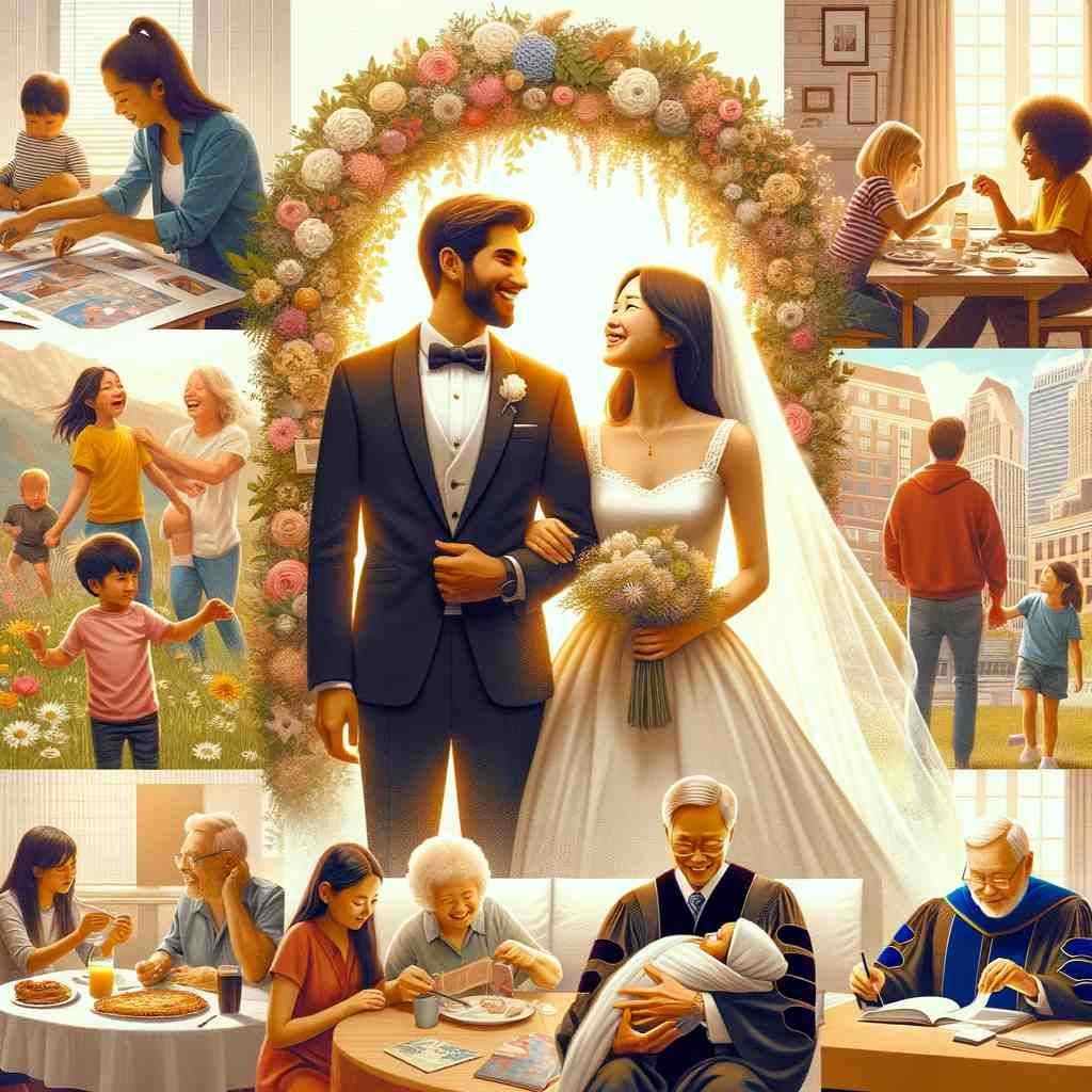 Collage depicting various life events such as graduation, wedding, moving, and career milestones