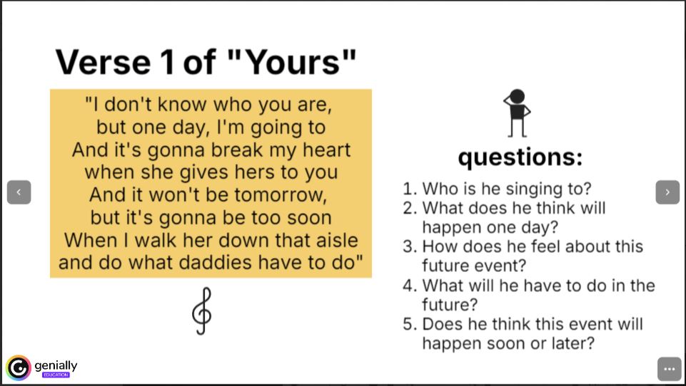 Slide showing verse one of Post Malone's 'Yours' with comprehension questions for ESL students