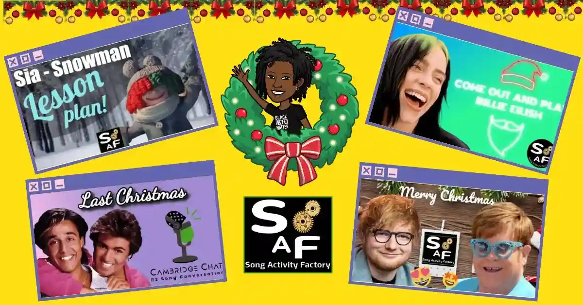 Festive Song Lessons for ESL Classrooms: Sia's 'Snowman', Billie Eilish's 'Come Out and Play', Wham!'s 'Last Christmas', Ed Sheeran & Elton John's 'Merry Christmas'. Includes YouTube videos, interactive worksheets, and tech-enhanced activities