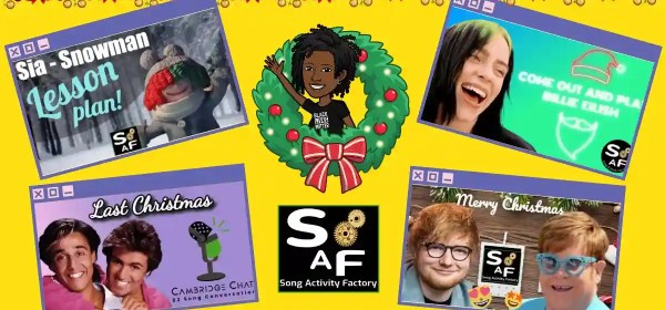 Festive Song Lessons for ESL Classrooms: Sia's 'Snowman', Billie Eilish's 'Come Out and Play', Wham!'s 'Last Christmas', Ed Sheeran & Elton John's 'Merry Christmas'. Includes YouTube videos, interactive worksheets, and tech-enhanced activities