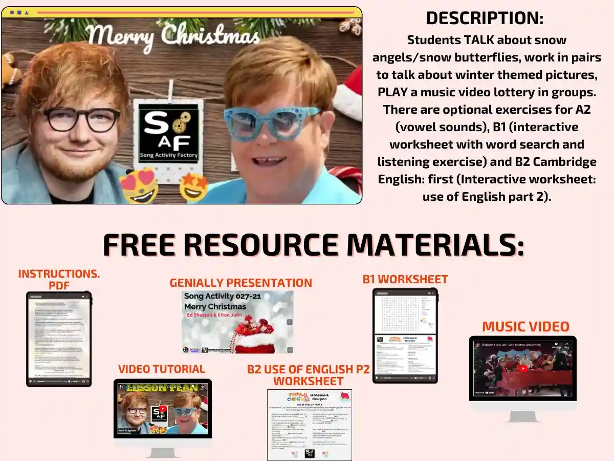 Engaging ESL Lesson: Merry Christmas by Ed Sheeran & Elton John. Includes YouTube video, Genially presentation, interactive worksheets. Boost 4 skills & 21st-century skills.