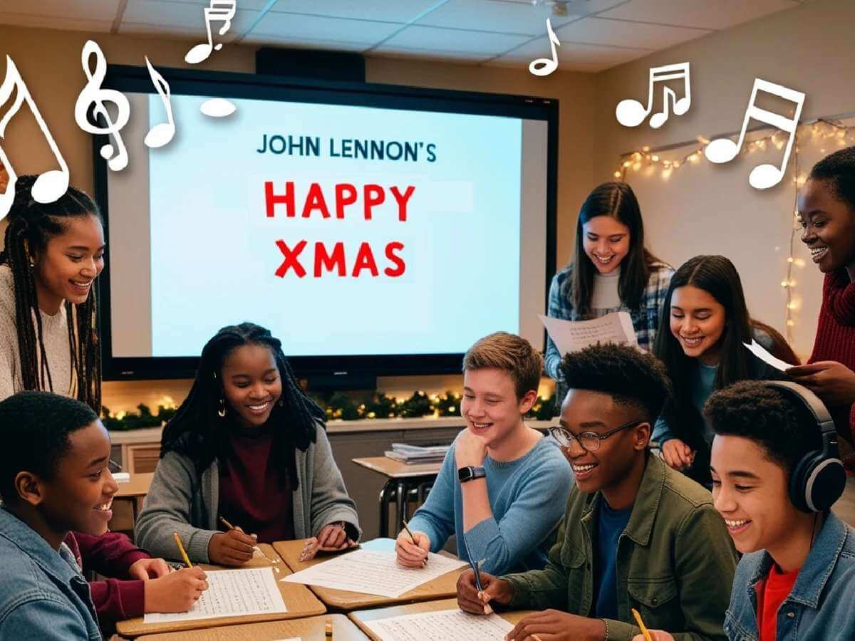Students in a classroom analyzing the lyrics of John Lennon’s ‘Happy Xmas’ during an ESL lesson