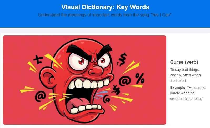 An image of a visual dictionary created for an ESL lesson using Bonnie Tyler's "Yes I Can," featuring key vocabulary related to self-empowerment, resilience, and overcoming challenges.