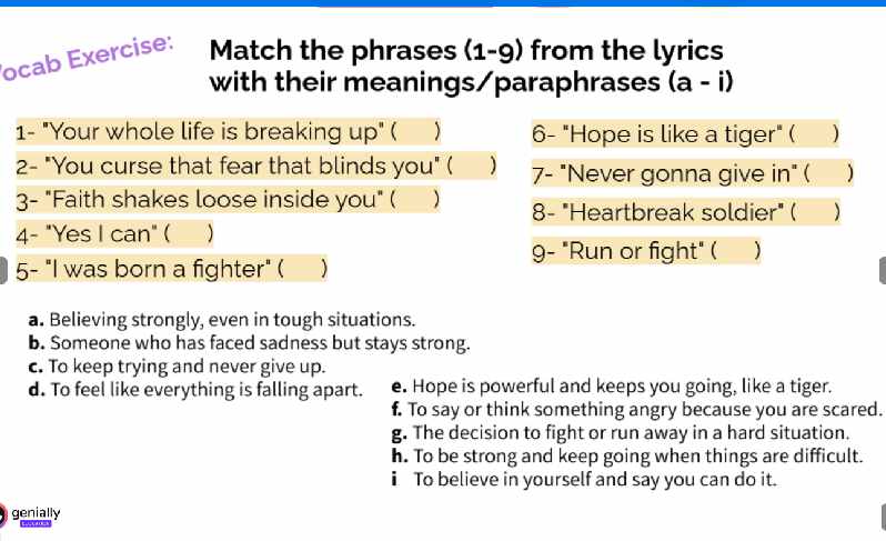 An image of a vocabulary matching exercise slide for an ESL lesson using Bonnie Tyler's "Yes I Can," where students match expressions with their meanings.