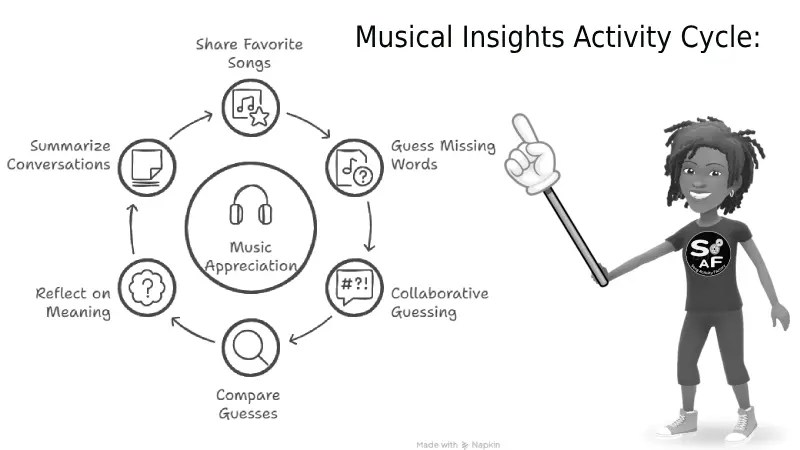 Circular diagram of song-based ESL activities: guessing lyrics, group collaboration, and reflection to enhance understanding.