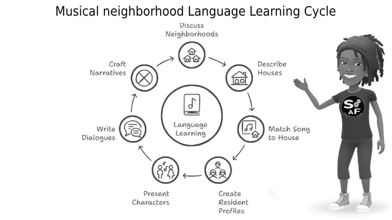 Circular ESL activity diagram: matching songs to neighborhoods, creating character profiles, and writing dialogues for real-world practice.