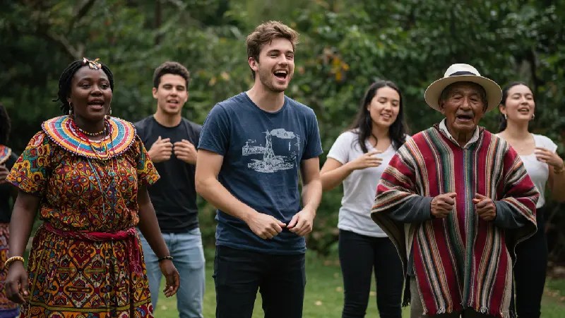 Diverse group celebrating cultural exchange through music, showcasing ESL learners embracing global citizenship and traditions.