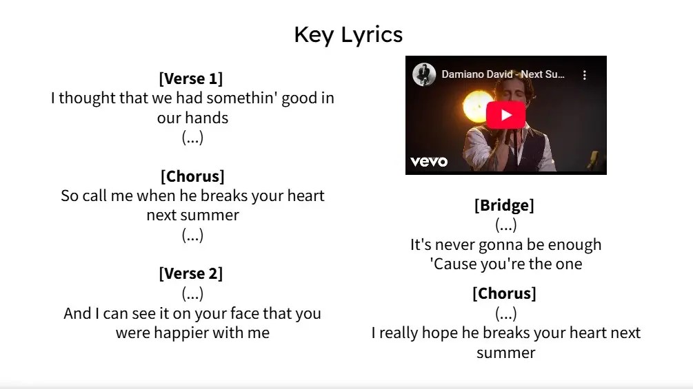 slide guiding ESL students to analyze tenses and emotions in song lyrics