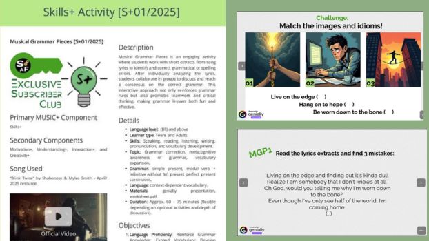 Collage preview of a Skills+ ESL song activity sample PDF