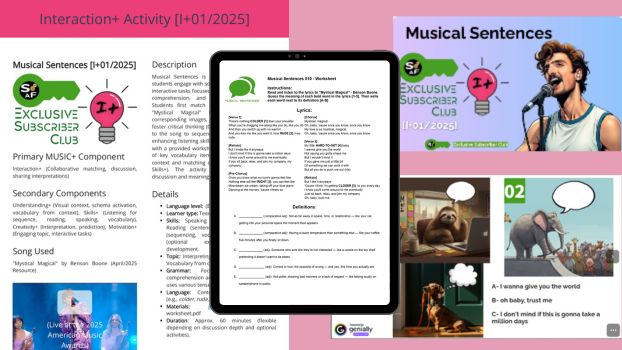 Collage preview of an Interaction+ ESL song activity sample PDF showing communicative tasks and group work elements.