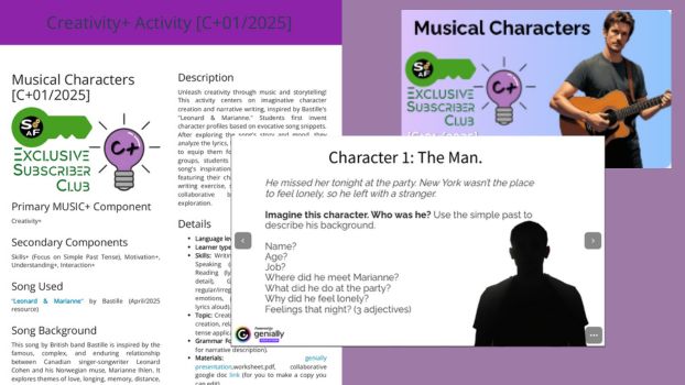 Collage preview of a Creativity+ ESL song activity sample PDF showing open-ended tasks and imaginative prompts.