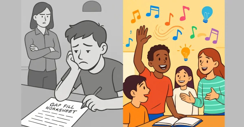 Split image comparing boring ESL gap-fill worksheets (left, B&W) to engaging MUSIC+ Framework song activities with happy students (right, color) - title: Teaching ESL With Songs: Before and After MUSIC+ Framework