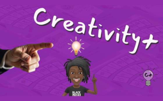 Purple banner for MUSIC+ Framework Creativity+ principle, featuring character with creative idea and C+ lightbulb logo.