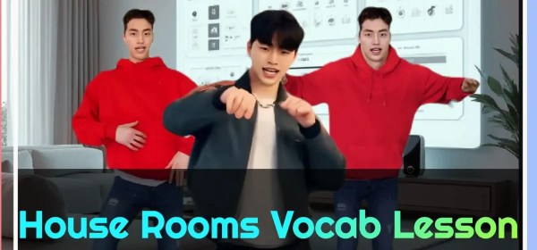 Three teens dancing in a smart home setting, promoting an ESL lesson plan about house room vocabulary.