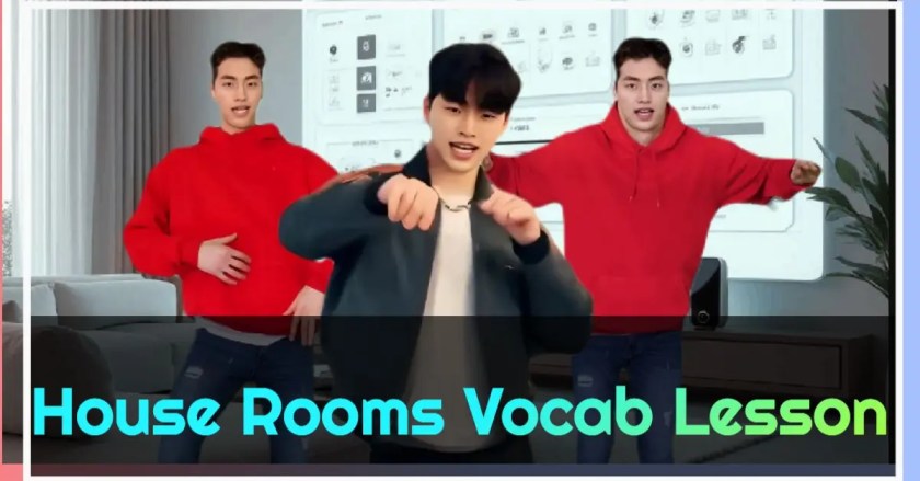 Three teens dancing in a smart home setting, promoting an ESL lesson plan about house room vocabulary.