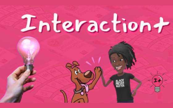 Pink banner for MUSIC+ Framework Interaction+ principle, featuring characters interacting and I+ lightbulb logo.