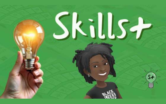 Green banner for MUSIC+ Framework Skills+ principle, featuring character pointing to S+ lightbulb logo