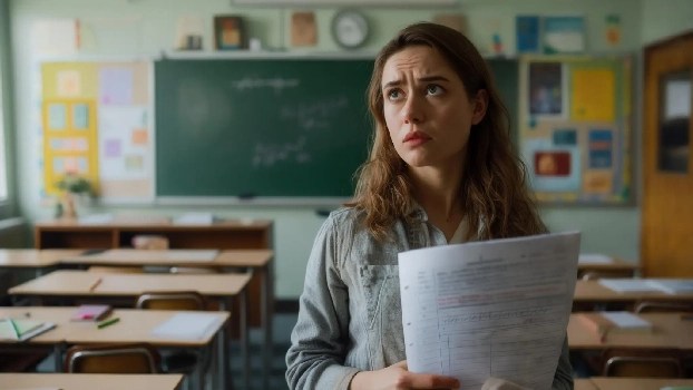 An English teacher in a classroom looks up with a frustrated expression while holding a flat, uninspiring grammar worksheet, illustrating the need for more engaging song activities for teens and adults.