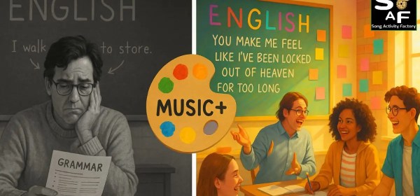 A before-and-after comparison showing the impact of creative song activities in the ESL classroom. The 'before' side is black-and-white with a bored teacher and a grammar worksheet. The 'after' side is full-color, showing an energetic teacher and engaged students learning English with song lyrics, transformed by the MUSIC+ Framework.