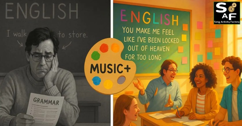 A before-and-after comparison showing the impact of creative song activities in the ESL classroom. The 'before' side is black-and-white with a bored teacher and a grammar worksheet. The 'after' side is full-color, showing an energetic teacher and engaged students learning English with song lyrics, transformed by the MUSIC+ Framework.