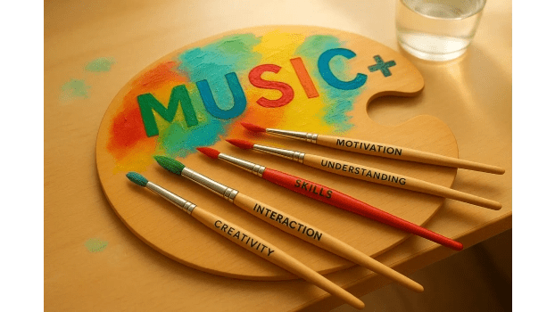 An artist's wooden palette with 'MUSIC+' painted in the center. Five paintbrushes rest on it, labeled with the framework's core principles: Motivation, Understanding, Skills, Interaction, and Creativity.