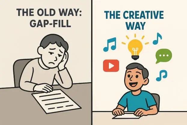 A comparison showing 'The Old Way' with a bored student doing a gap-fill exercise, versus 'The Creative Way' with an engaged student using music and technology for an interactive ESL activity.