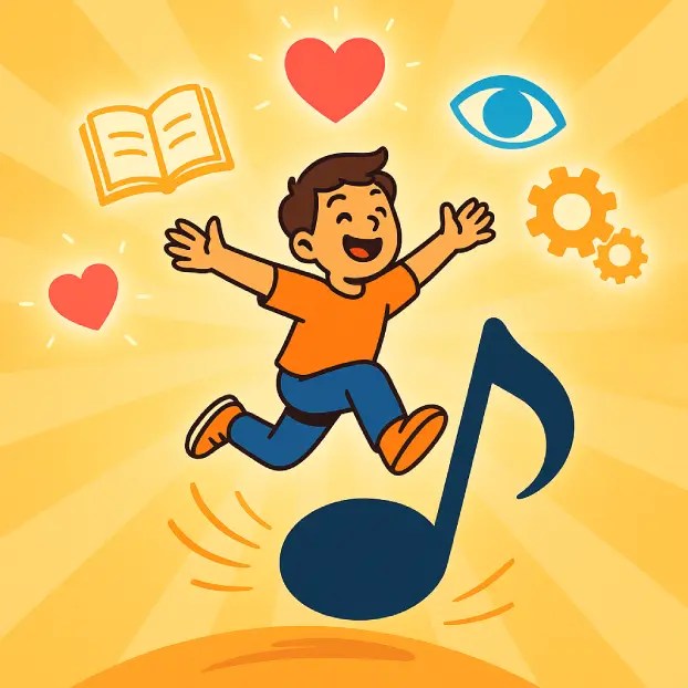 Illustration of a happy student jumping on a giant music note, symbolizing the joy and creative thinking that song activities bring to the ESL classroom.
