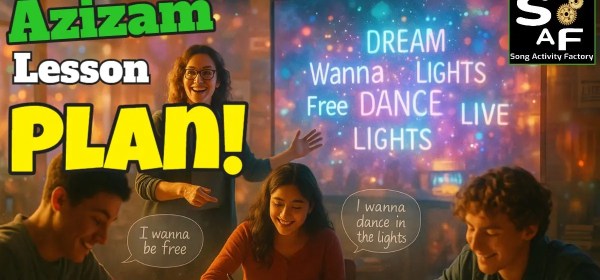 An ESL teacher points to a screen showing song lyrics like 'DREAM, WANNA, DANCE' in a creative lesson plan for Ed Sheeran's 'Azizam,' while teen students collaborate happily.