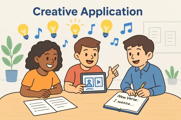 Illustration of diverse teen students working in a group on a creative writing task for an ESL song activity. One student writes 'New Verse: I wanna...' in a notebook.