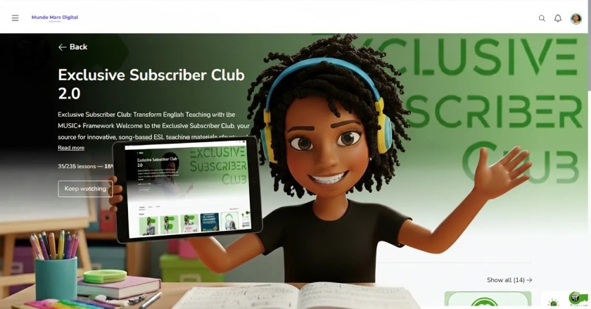 Smiling marcia bonfim avatarholding an ipad with the “Exclusive Subscriber Club” screen