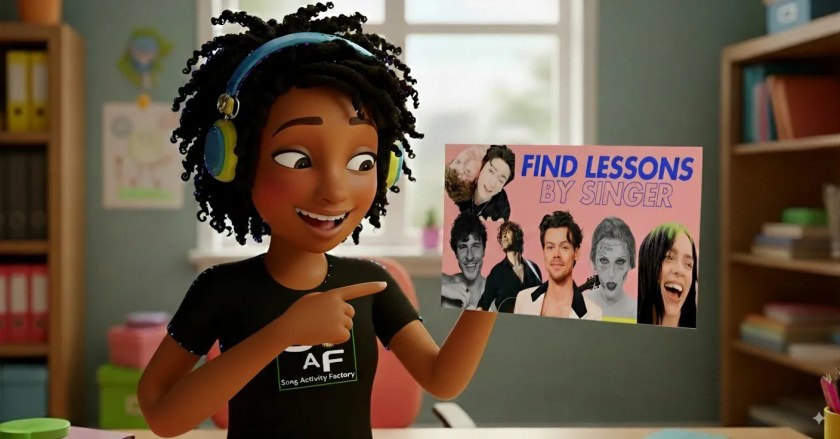 ESL song lesson plans by popular singers like Taylor Swift, Billie Eilish, BTS, The Weeknd, and more for all levels of English learners.