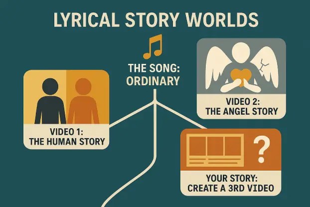 A diagram for the "Lyrical Story Worlds" creative ESL lesson plan, an activity for teaching 21st-century skills like critical thinking with songs.