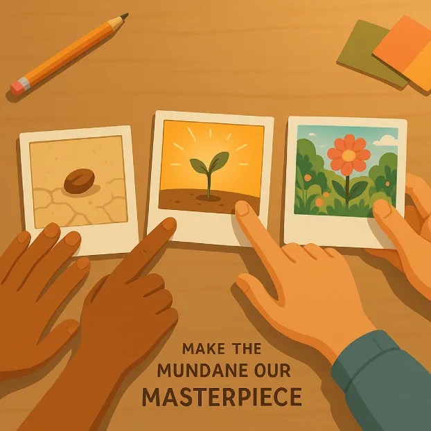  An image for an ESL vocabulary activity showing a flower growing from dry ground to full bloom, symbolizing the phrase "Make the mundane our masterpiece.