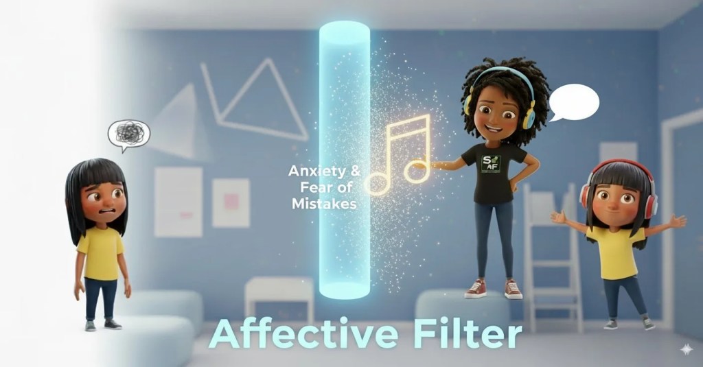 Illustration of the Affective Filter, showing music breaking down a wall of anxiety for an ESL student, a concept from the BEAT+ Method