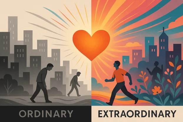 A man transforms from a gray, ordinary world to a vibrant, extraordinary one, illustrating the theme of a creative song activity for ESL teens using Alex Warren's "Ordinary.