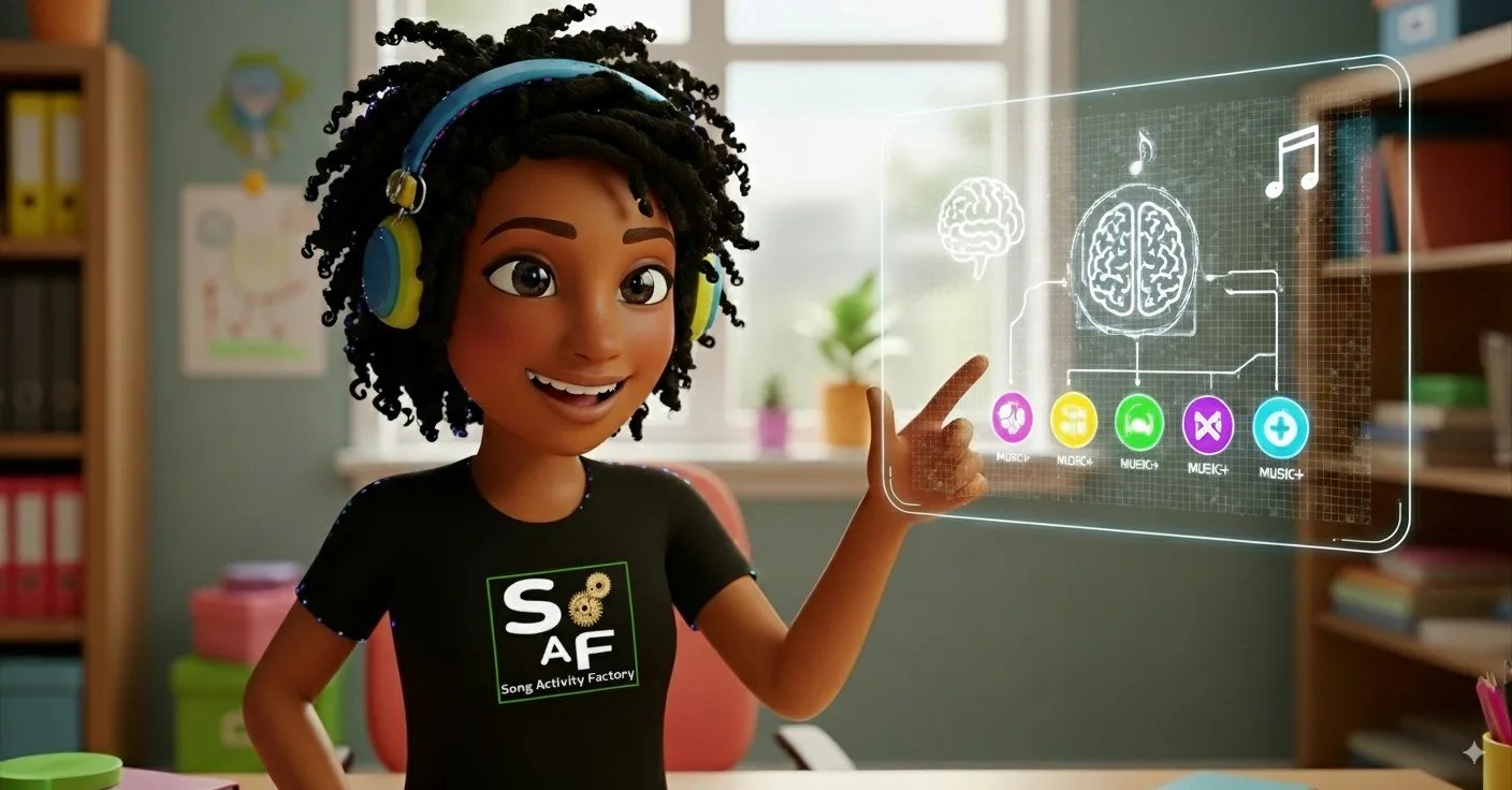 An ESL teacher demonstrates the science behind creative song activities by pointing to a diagram that connects the brain and music to the MUSIC+ Framework