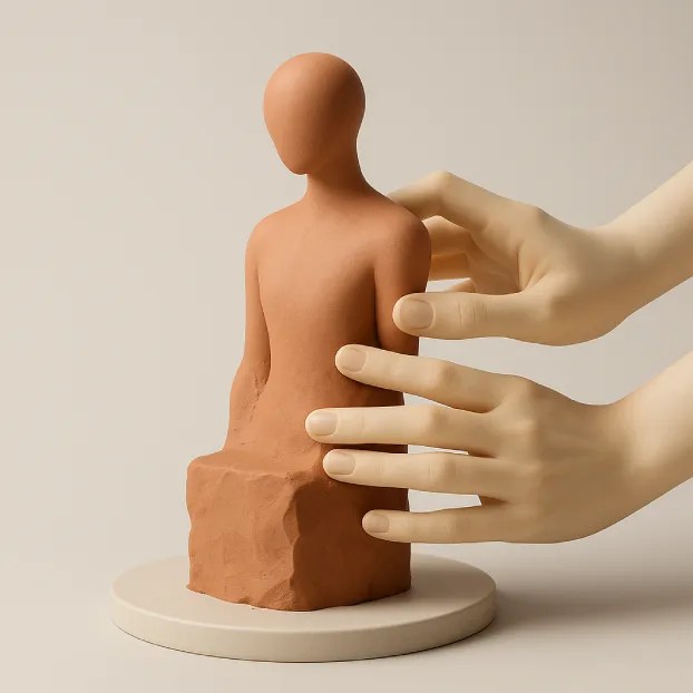 A visual metaphor, "You're the sculptor, I'm the clay," shows hands shaping a figure, used in a song activity for teaching English vocabulary and figurative language.