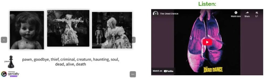 A creative ESL song lesson activity showing gothic imagery and a YouTube video for Lady Gaga's 'The Dead Dance,' used to compare student stories with song lyrics.