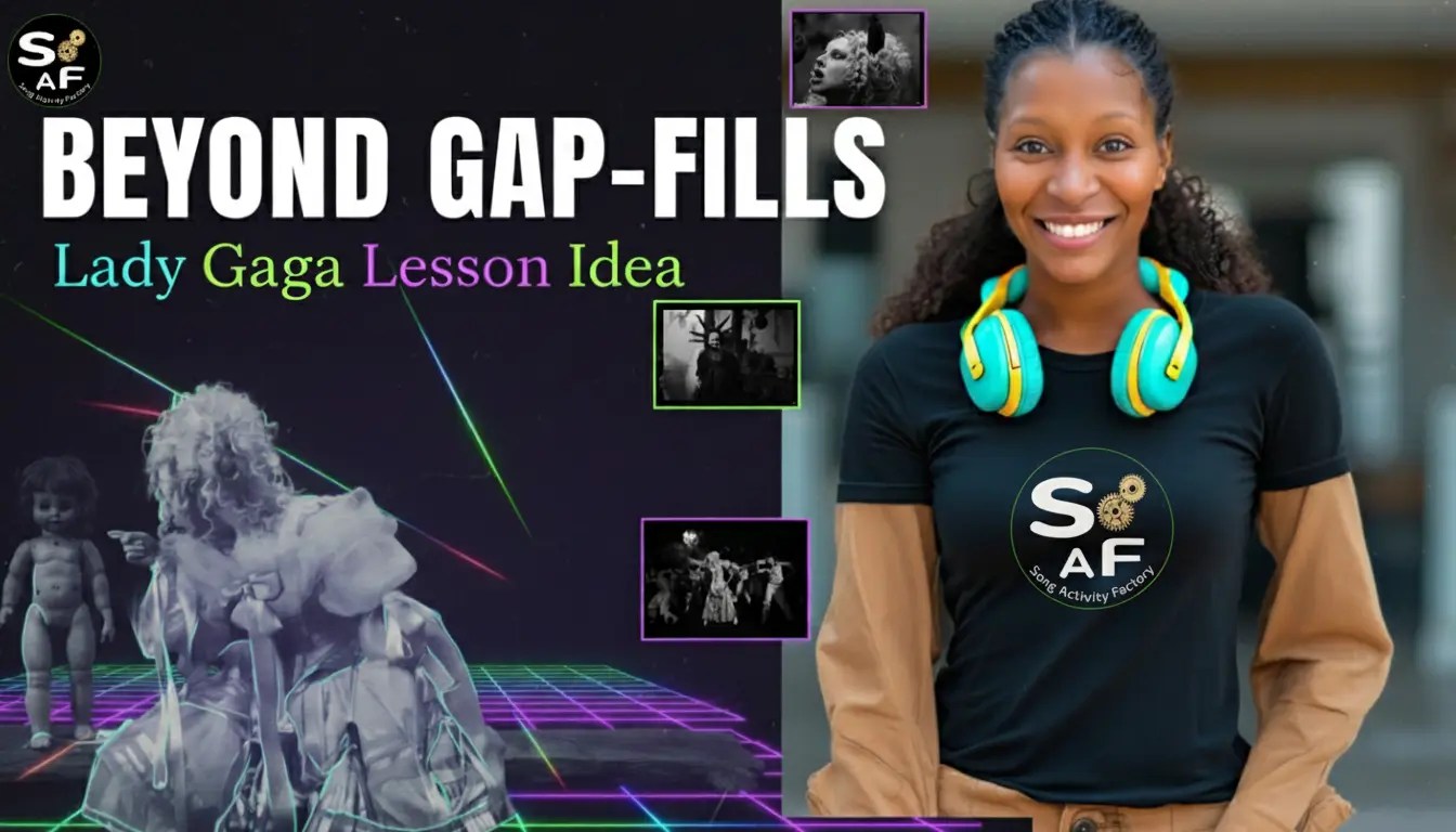 An ESL teacher smiling next to the title 'Beyond Gap-Fills: Lady Gaga Lesson Idea,' illustrating creative song activities for the classroom that are more engaging than traditional worksheets