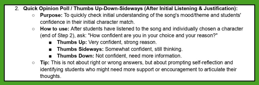 An example of a quick opinion poll using thumbs up/down for student self-reflection