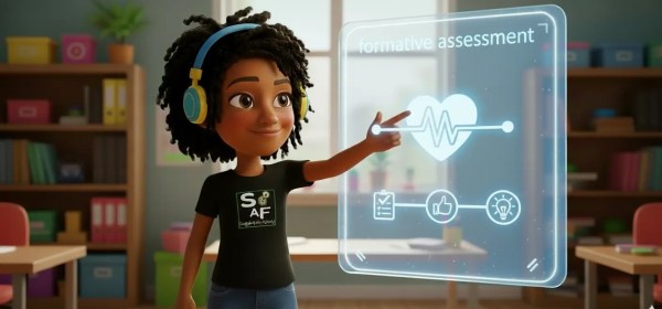 An avatar of an expert ESL teacher pointing at a holographic screen showing icons for formative assessment, including a heart with a soundwave, a checklist, and a thumbs-up symbol