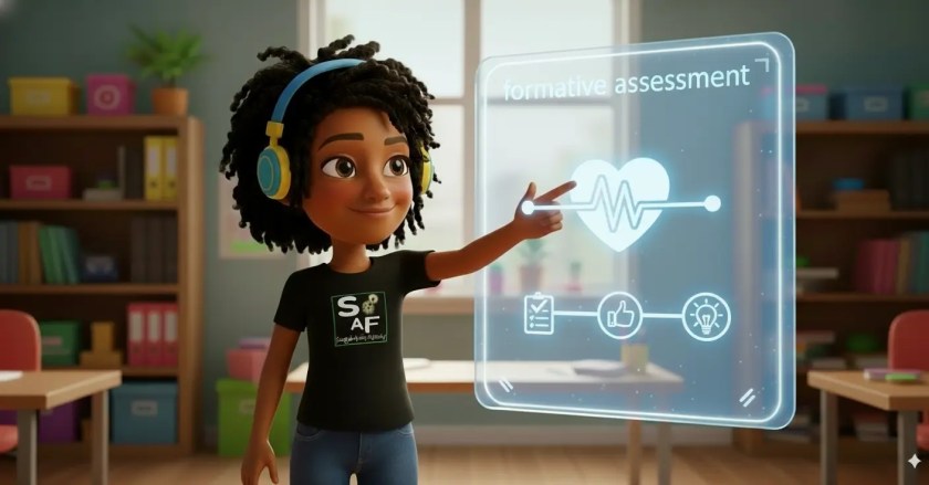 An avatar of an expert ESL teacher pointing at a holographic screen showing icons for formative assessment, including a heart with a soundwave, a checklist, and a thumbs-up symbol