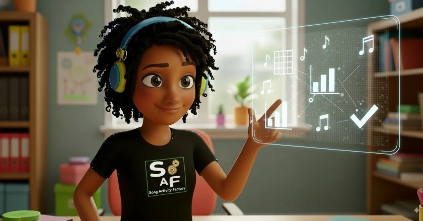 An avatar of an expert ESL teacher pointing at a holographic screen that shows icons for music-based assessment, including a rubric, a growth chart, and a checkmark.