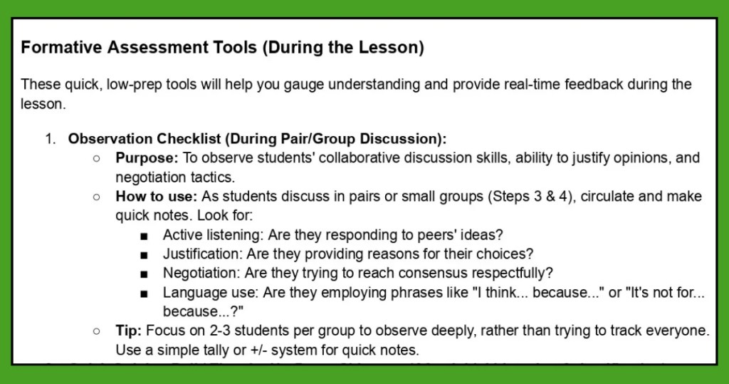 An example of an observation checklist for formative assessment in an ESL song lesson