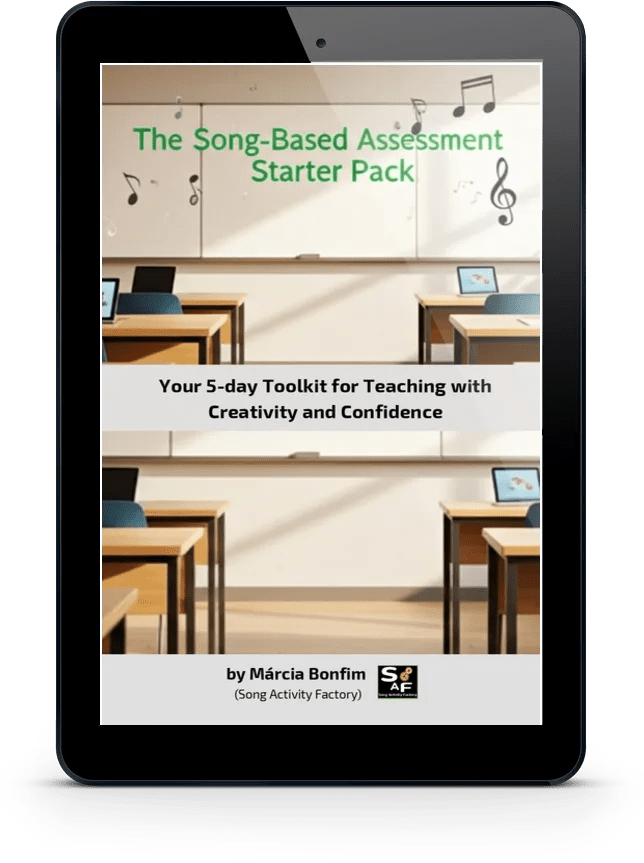 A mockup of the downloadable PDF starter pack for the song-based assessment challenge.