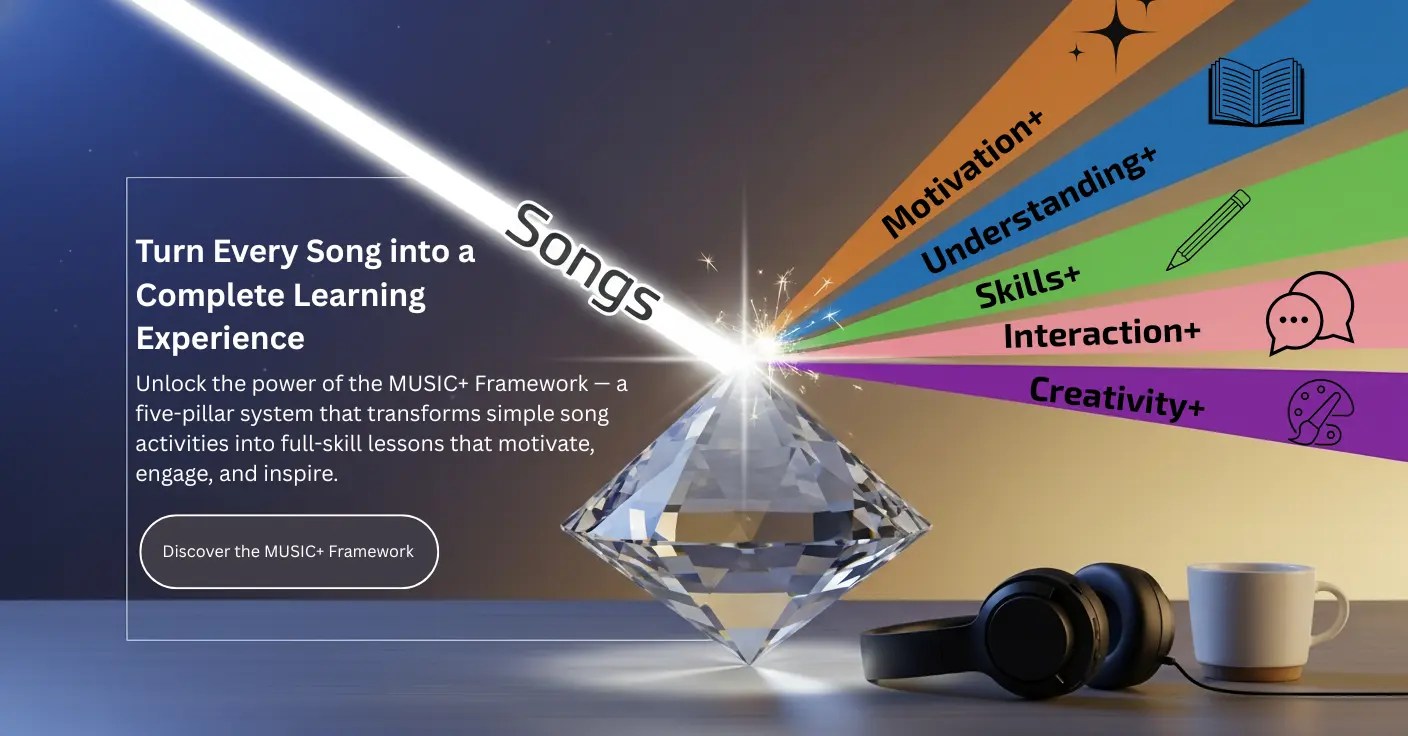 Visual explanation of the MUSIC+ Framework: A light beam representing 'Songs' hits a prism and refracts into 5 colored beams representing Motivation+, Understanding+, Skills+, Interaction+, and Creativity+.