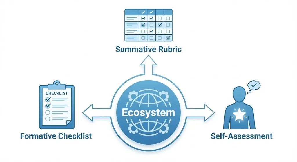 Diagram of the Assessment Ecosystem showing the connection between summative rubrics, formative checklists, and student self-assessment.